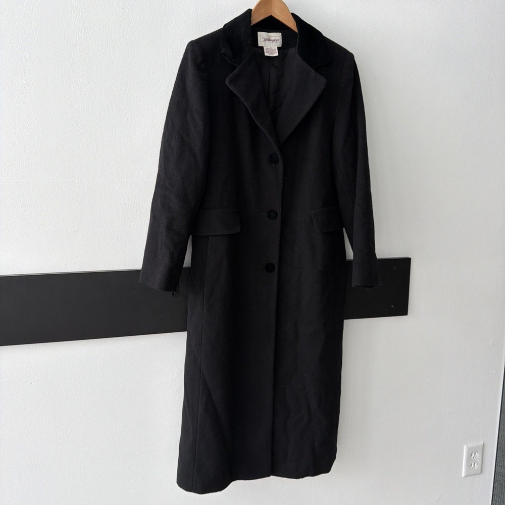 Women's Vintage Long Black Wool Coat. Old Money, Trench, Velvet Collar. 6. Black